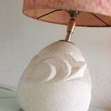 Ovoid lamp in carved stone and printed lampshade / vintage 60-70s