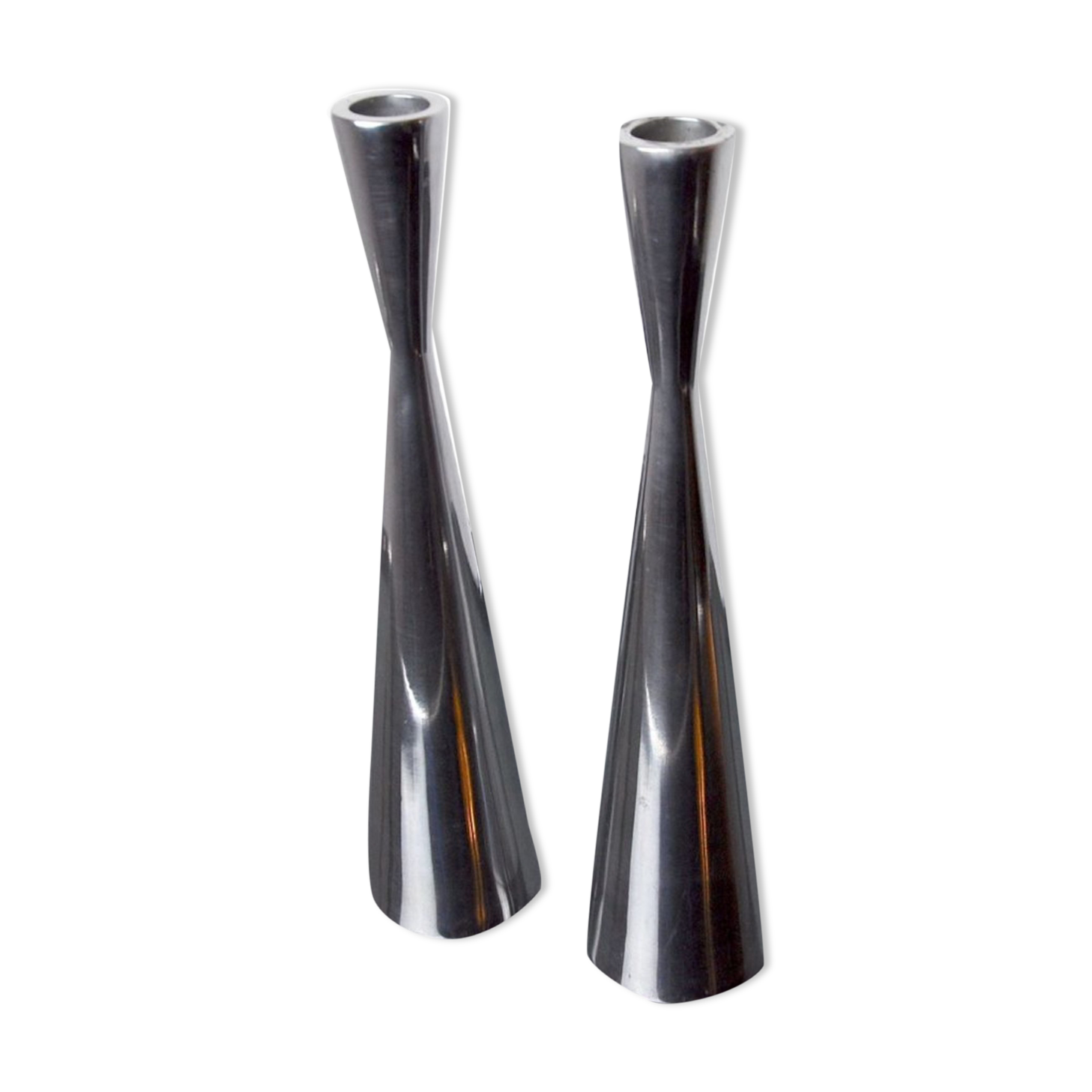 Pair of scandinavian diabolo candle holders, aluminum, sweden, 1970