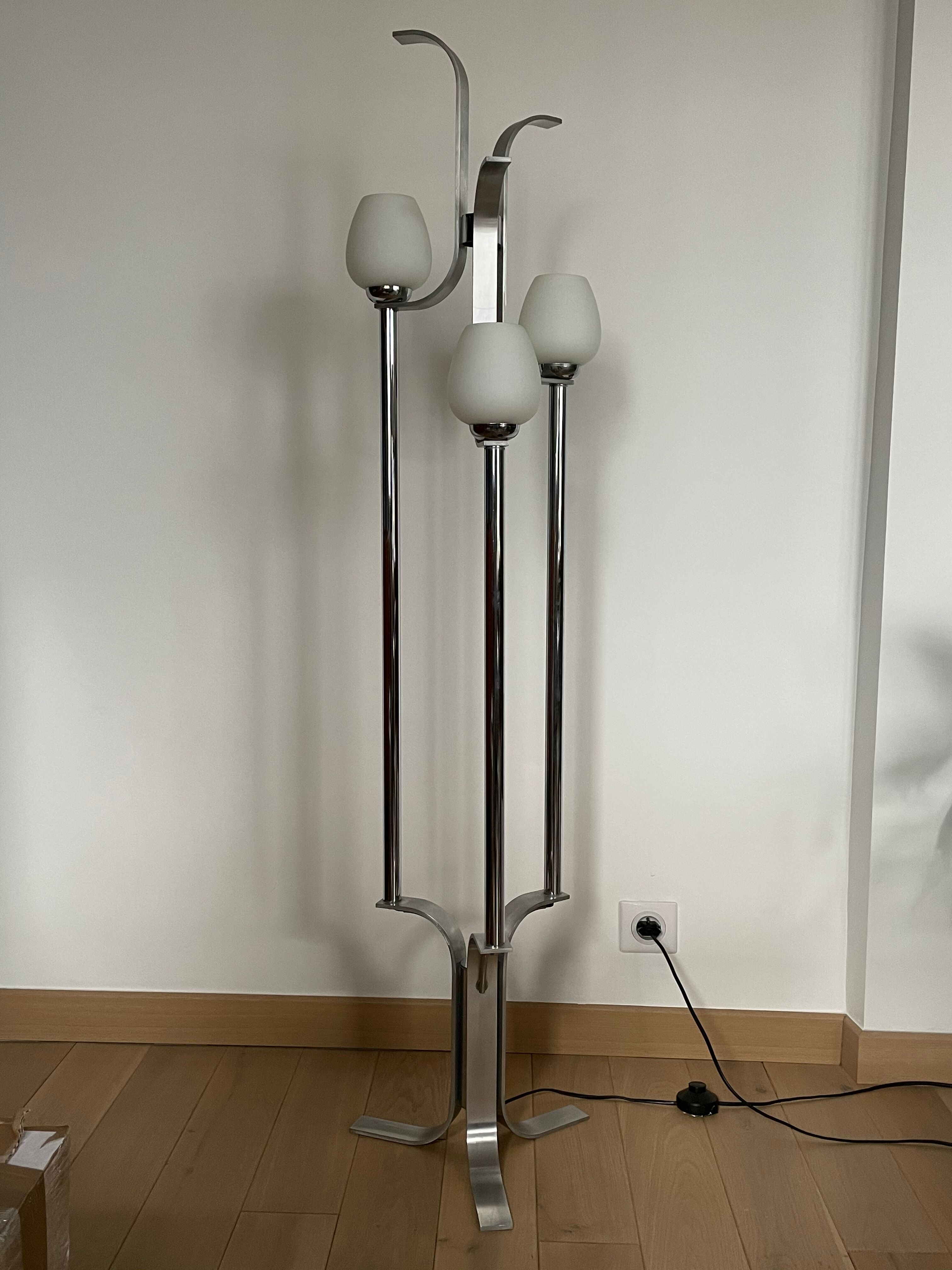 Space age lamp in brushed steel and opalin glass, 1970