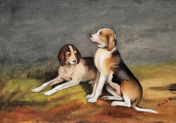 Pendant Tableaux aquarelle XIX° Chiens anglo-artésiens et récri signé H. de L.C.