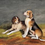 Pendant Tableaux aquarelle XIX° Chiens anglo-artésiens et récri signé H. de L.C.