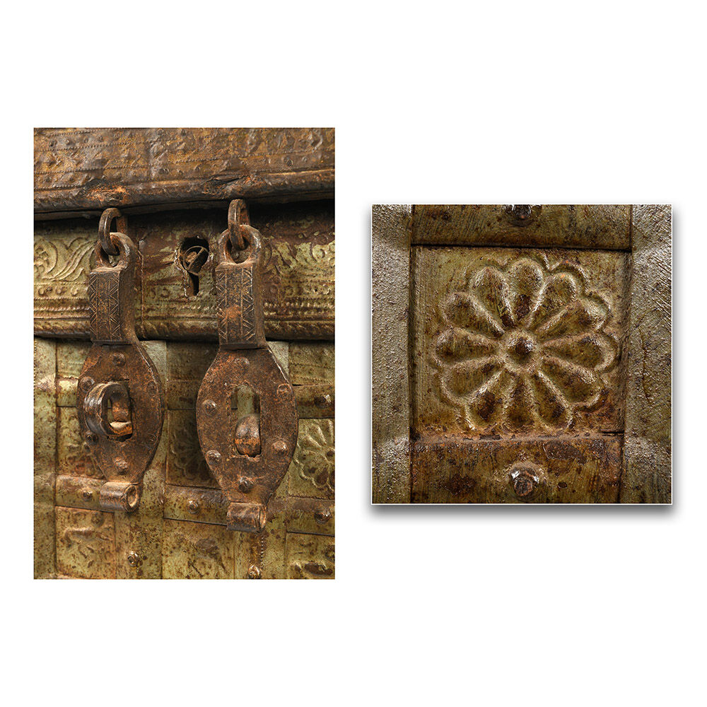 Steel-plated wooden box with green patina, circa 1840