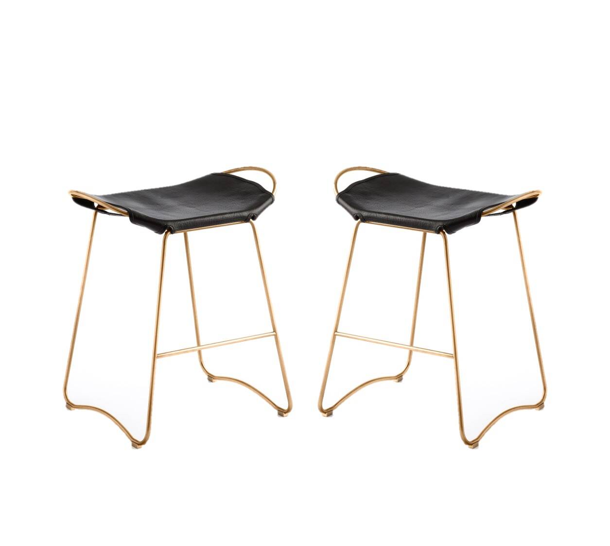 Pair of contemporary kitchen bar stools, in metal and black leather.