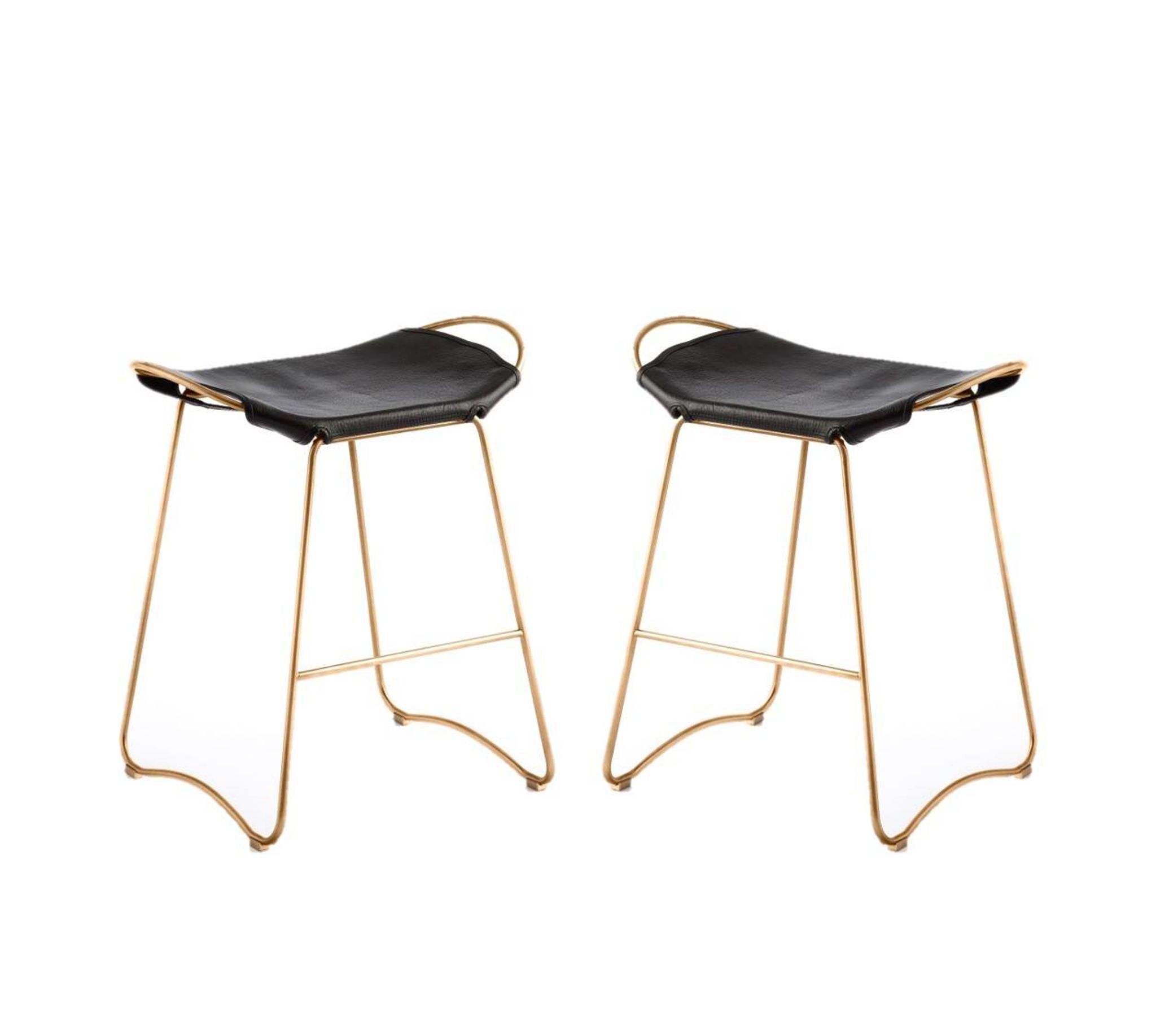 Pair of contemporary kitchen bar stools, in metal and black leather.