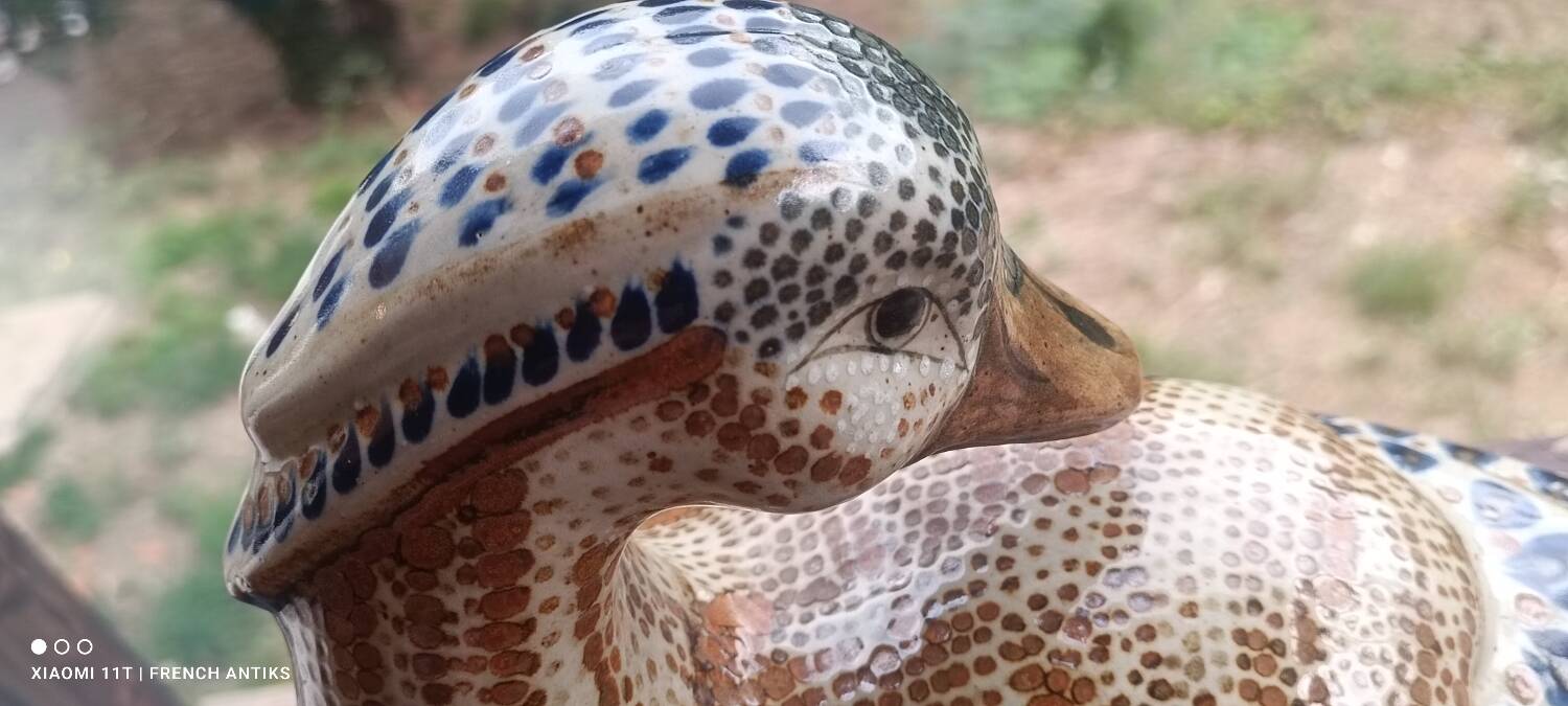 Ceramic signed duck in glazed stoneware, vintage 1960.