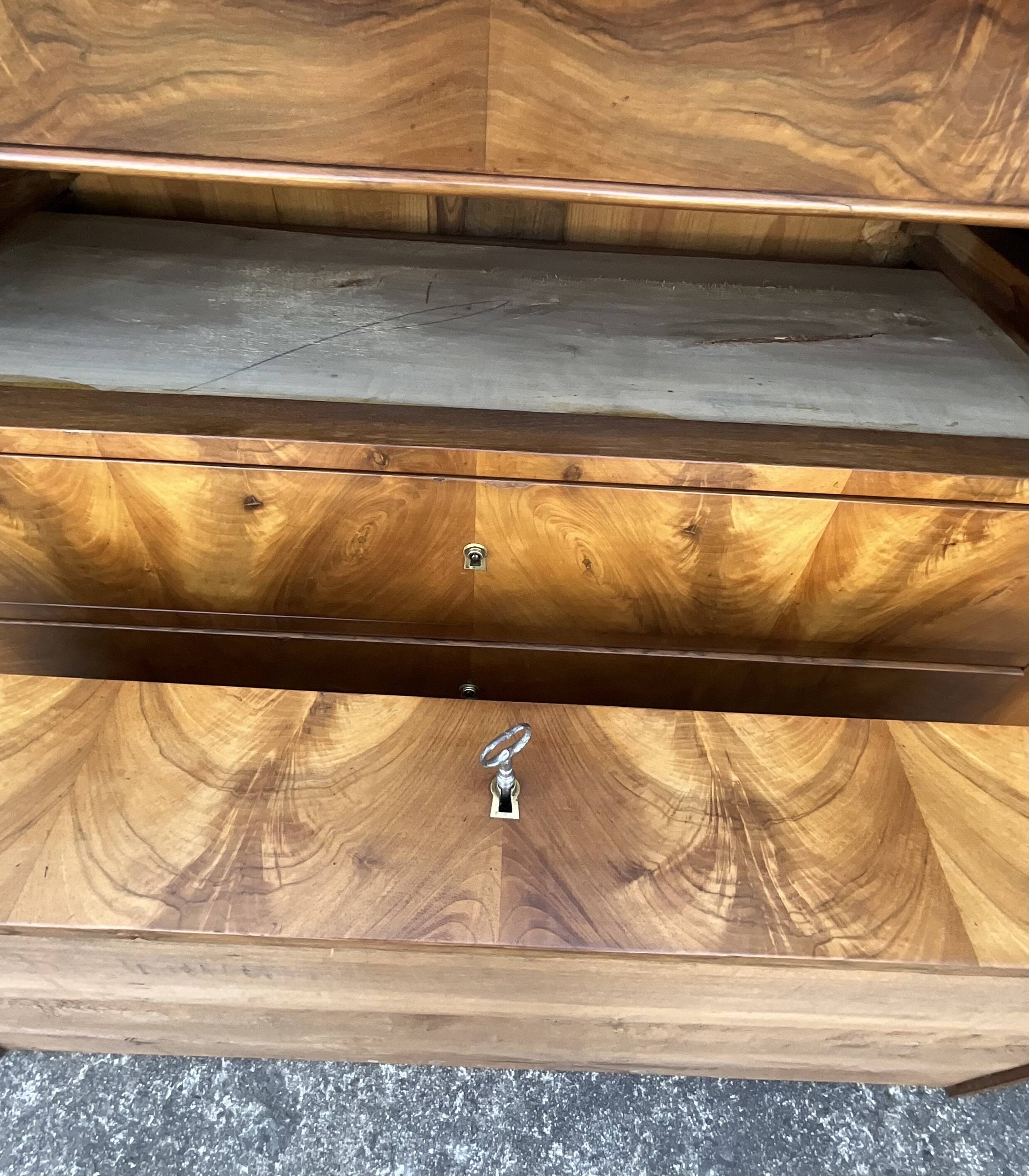 Louis-Philippe commode in burr walnut, Saint-Anne grey marble, mid-century