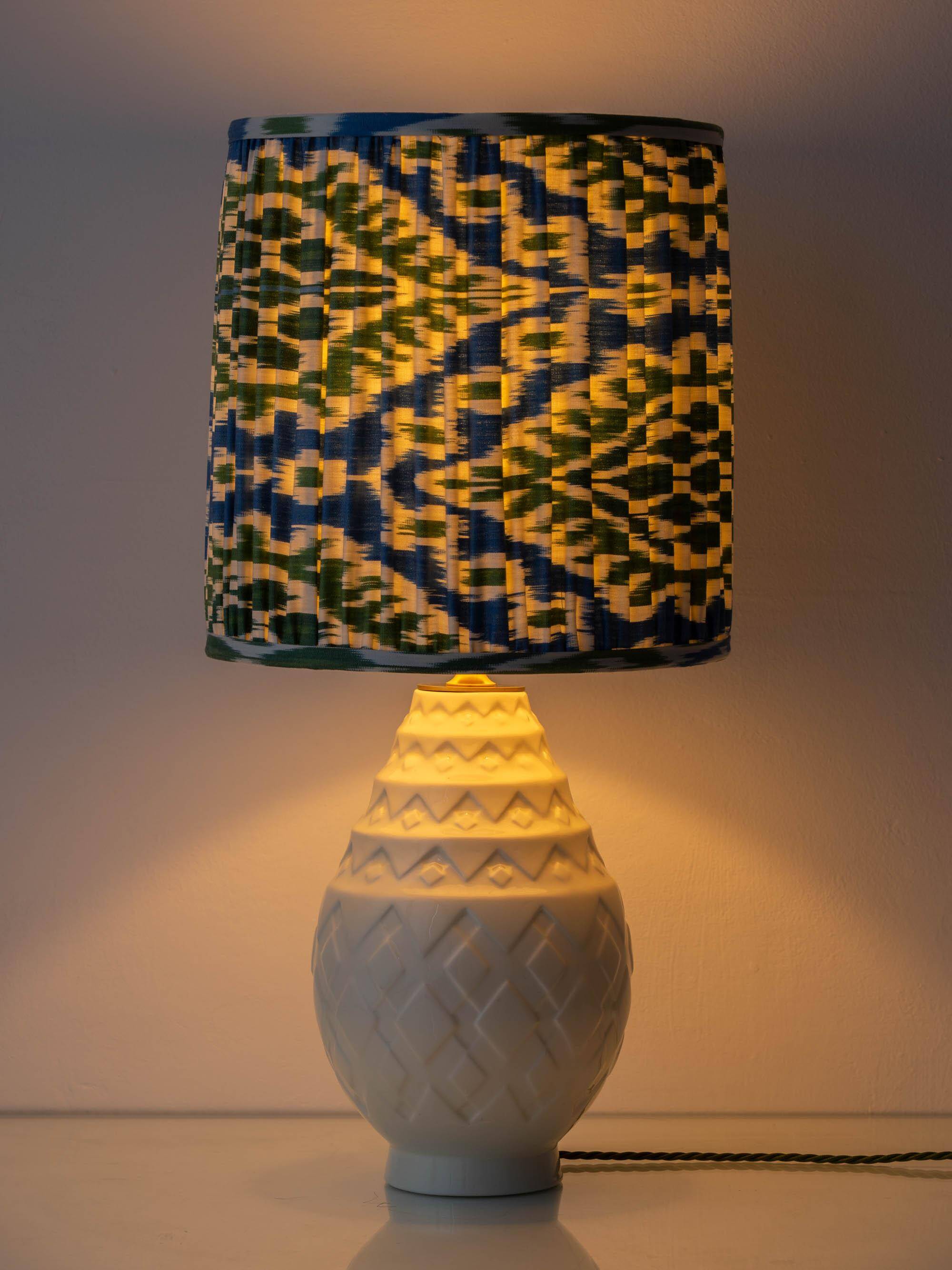 Art Deco pineapple table lamp by Charles Catteau with new Ikat silk shade, 1920s.