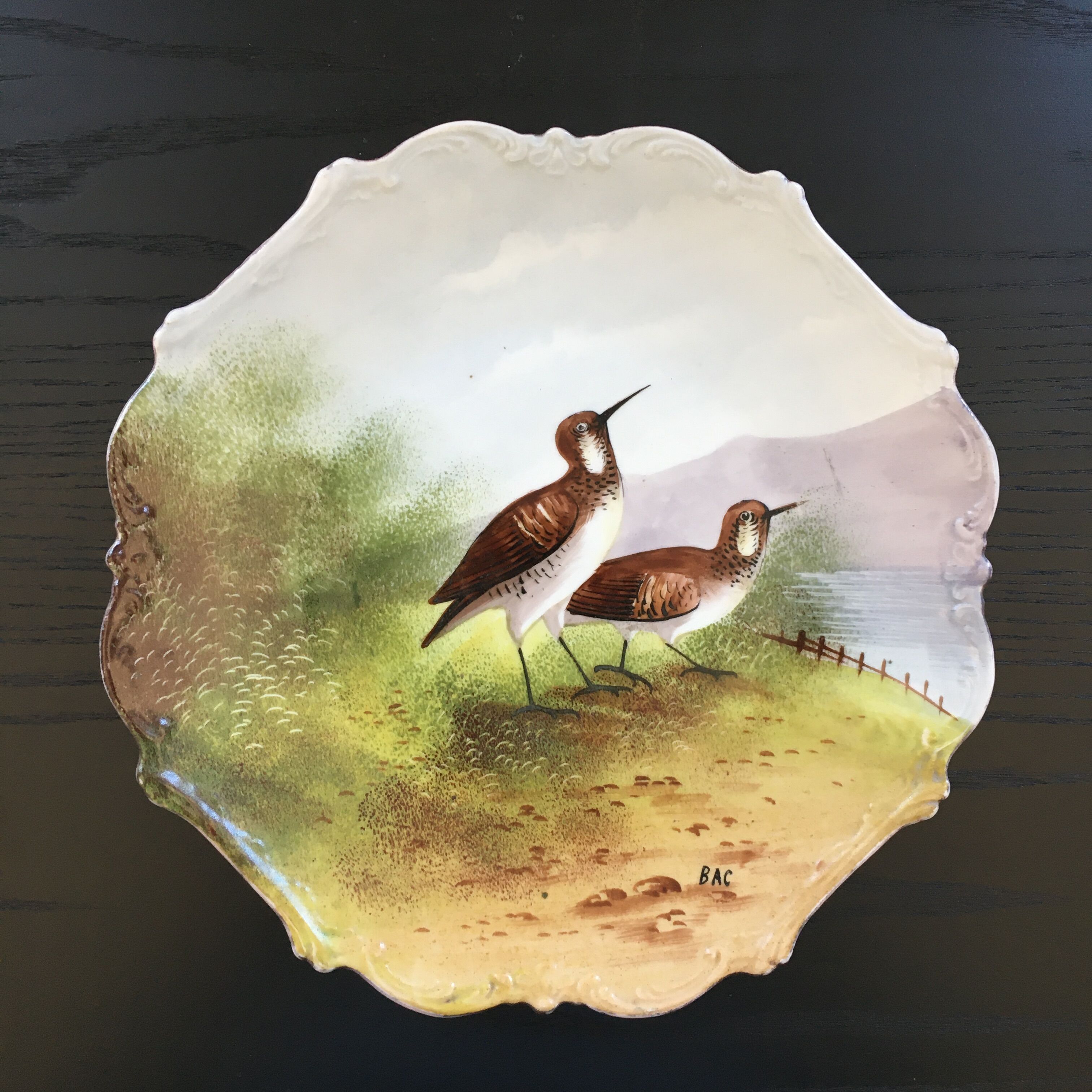 Dish painted woodcocks decoration
