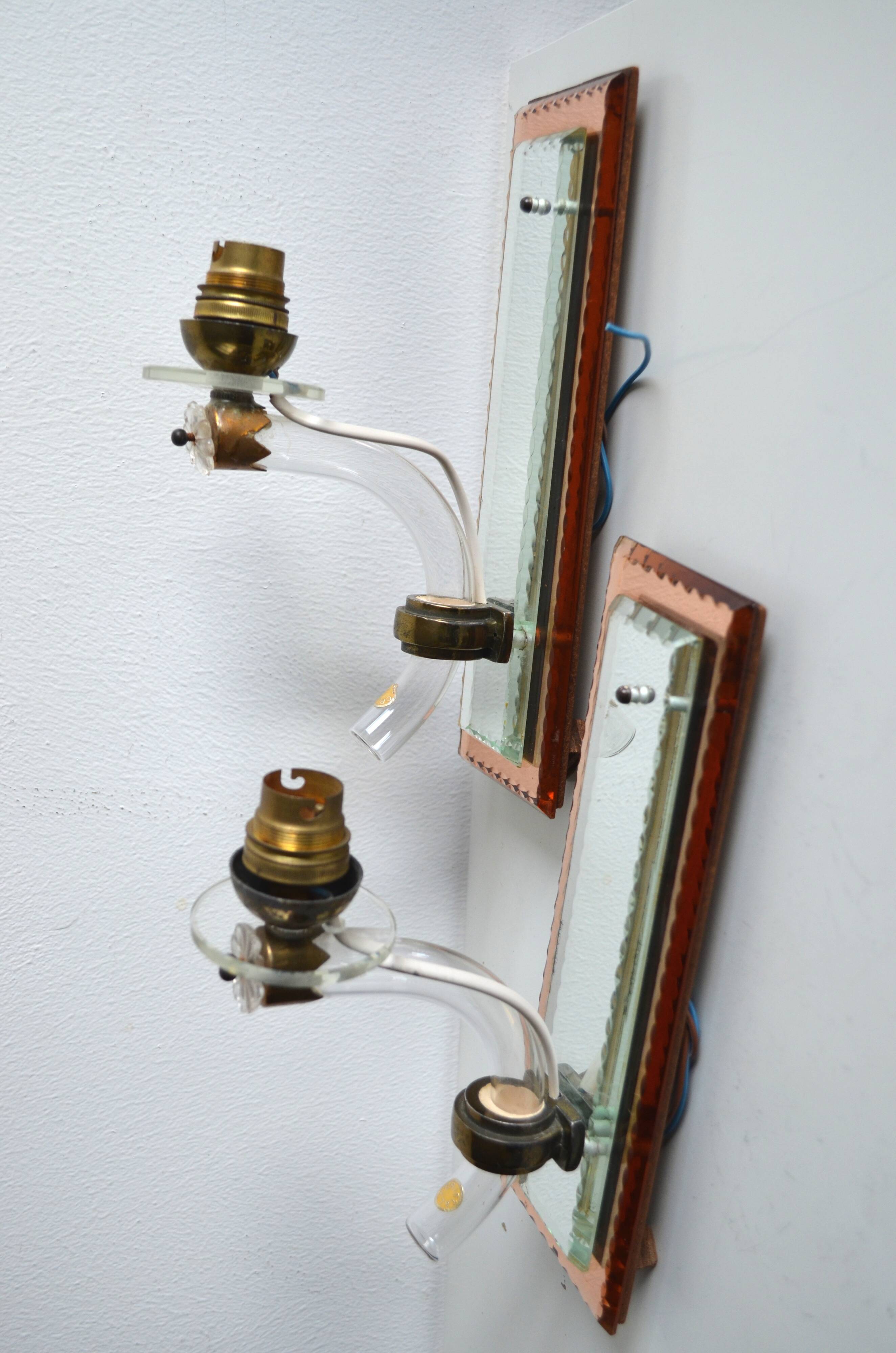 Pair of mirror and crystal wall lights from the 1940s-50s.