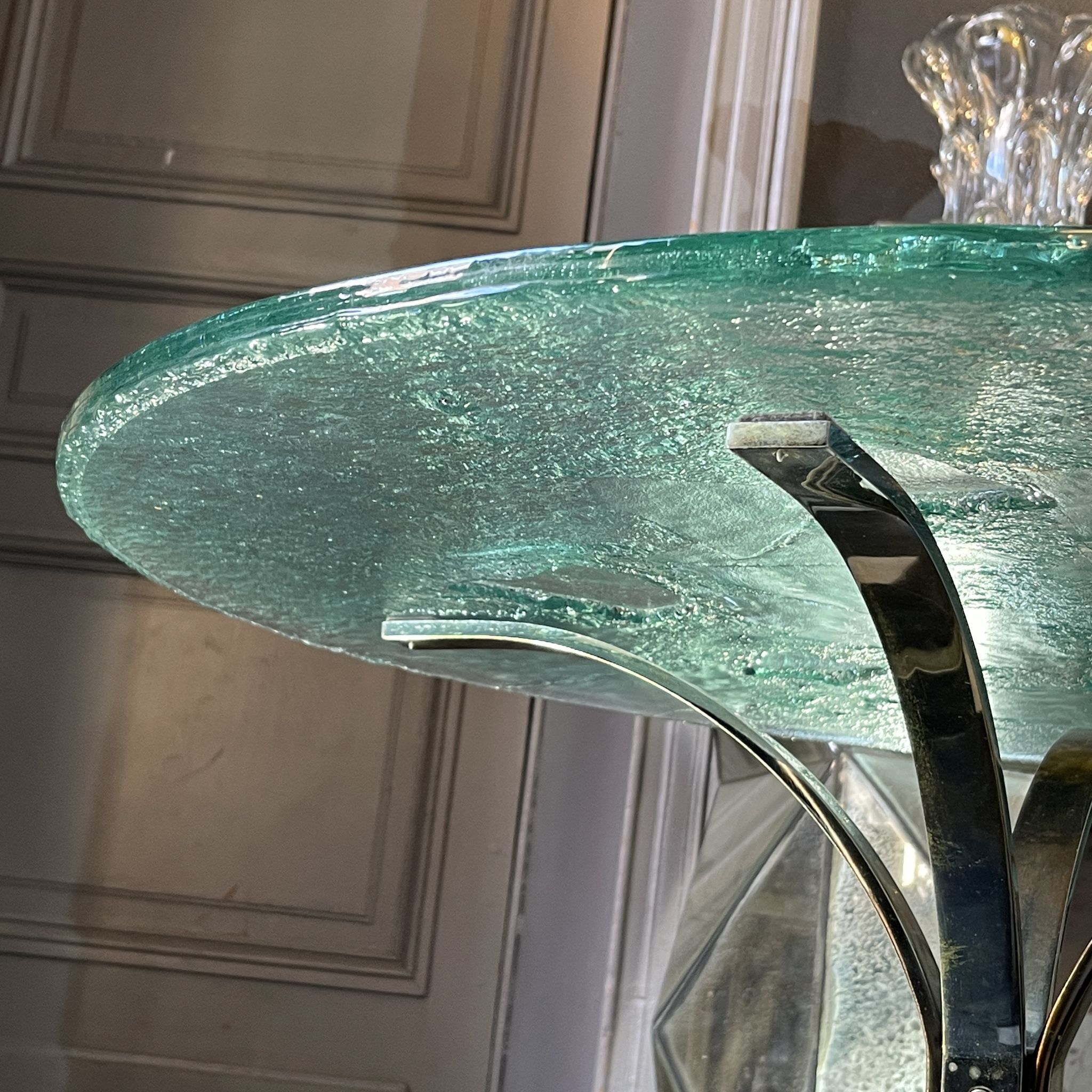 Pair of round coffee tables, glass, ca 1970