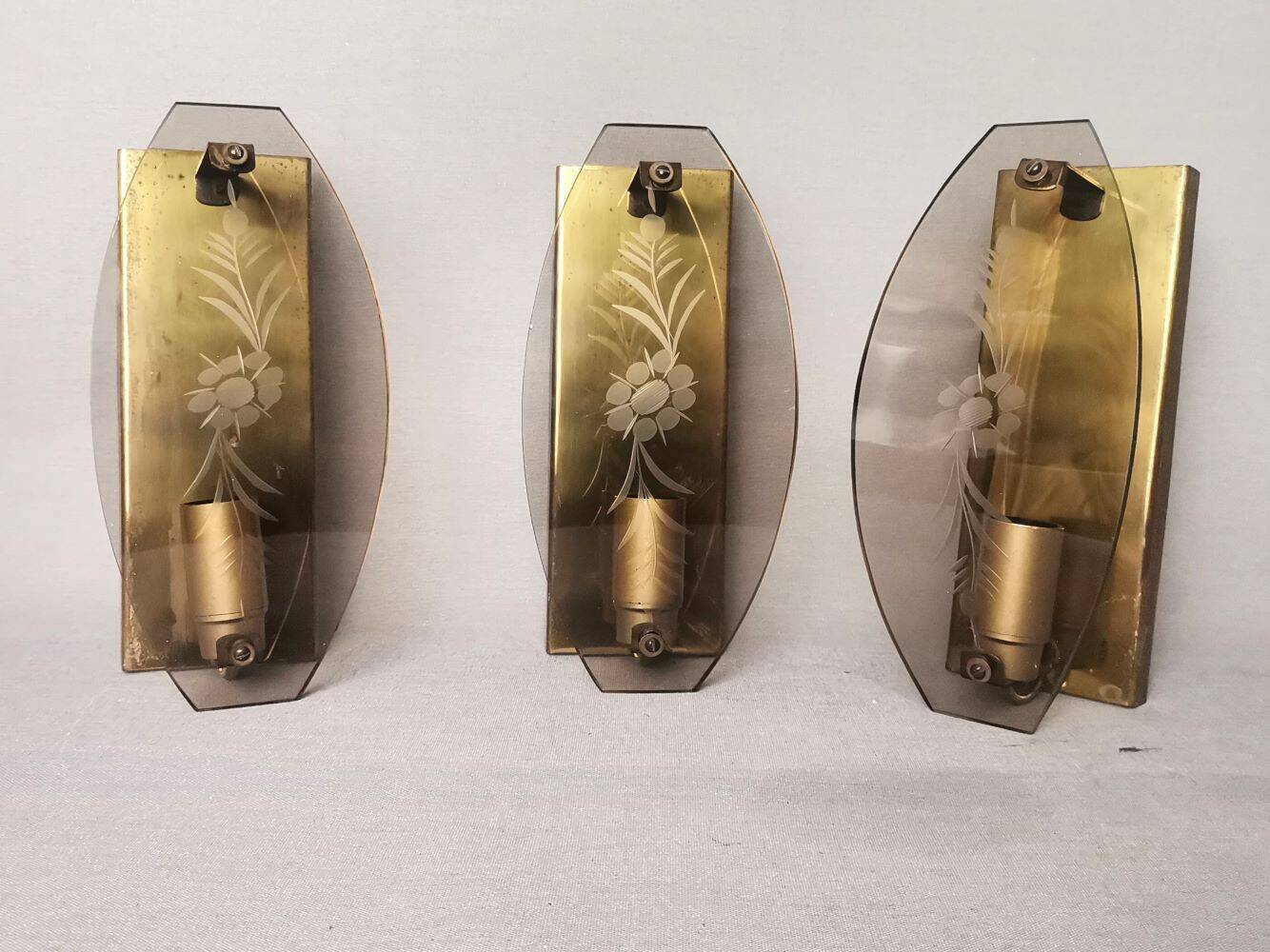 Set of 3 smoked glass and brass wall sconce lamps