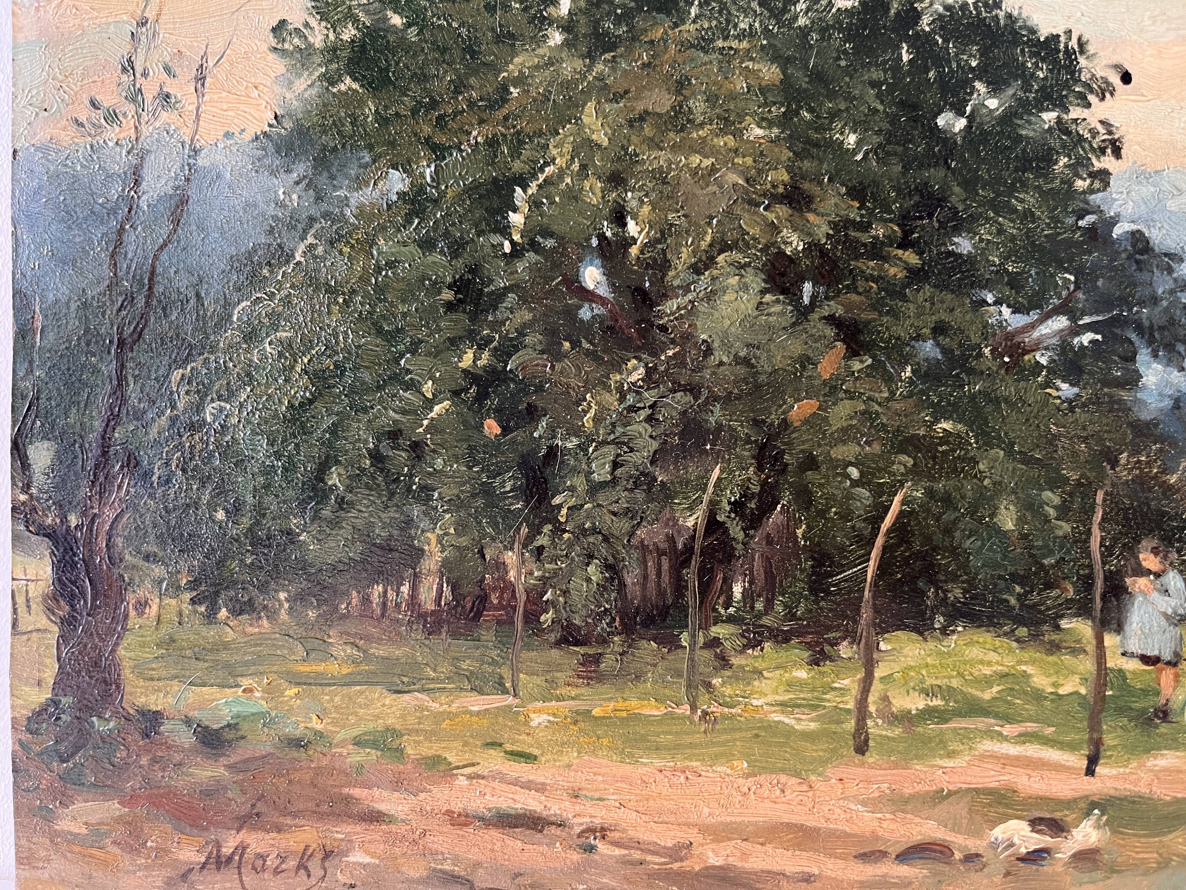 Oil painting of a countryside landscape circa 1920, rural scene signed.