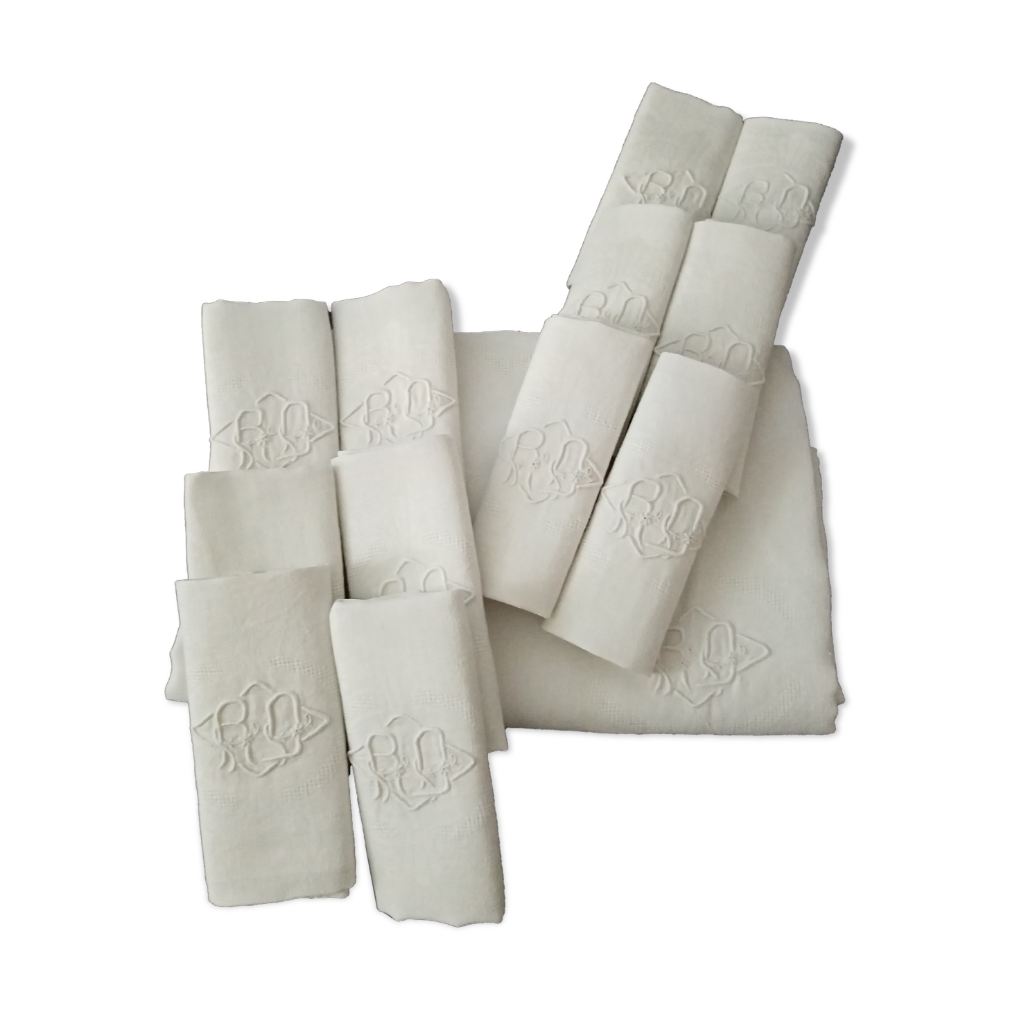 Ancient tablecloth, 12 embroidered towels monogram RD damasse de roses , friezes art deco