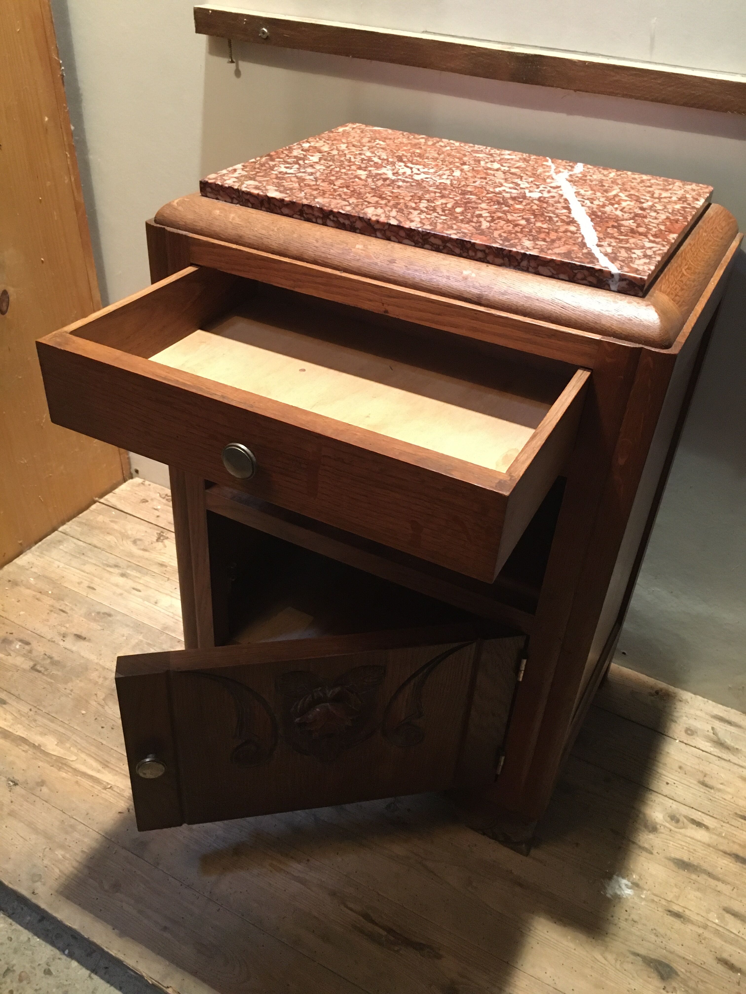 Bedside solid oak and brown marble