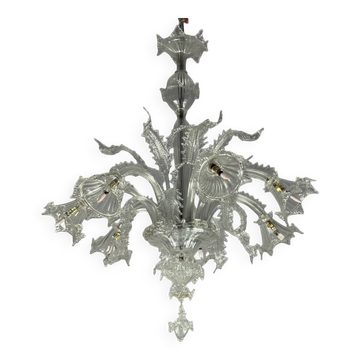 Lustre vénitien en verre de Murano incolore, 7 bras de lumière vers 1930