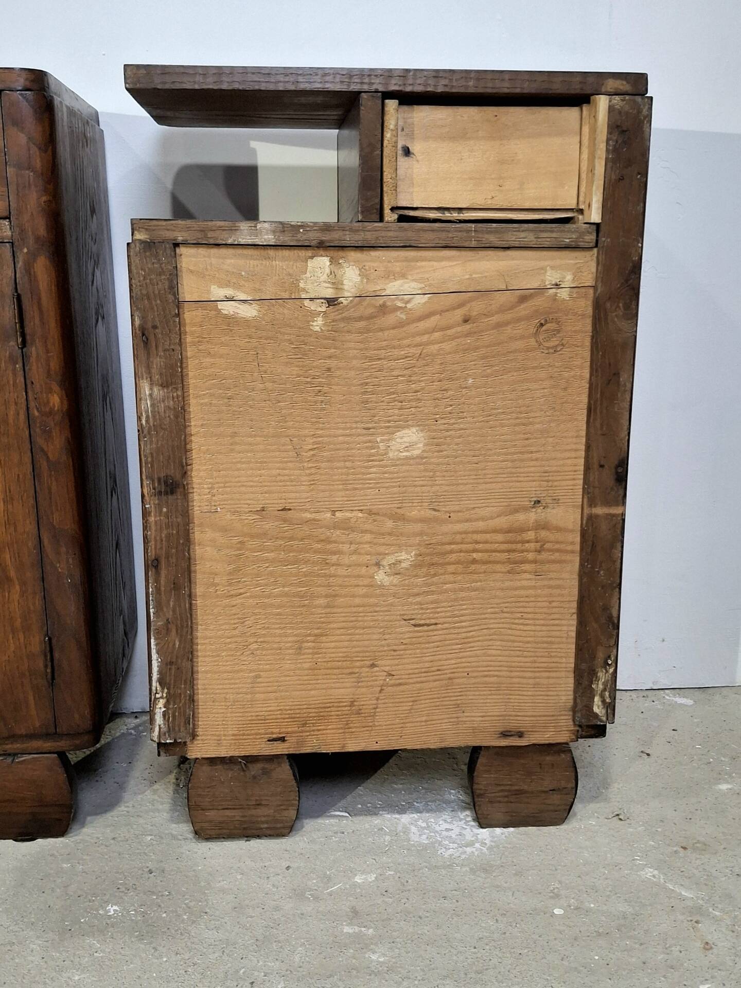 Vintage Art Deco Nightstands Pair Wooden Bedside Tables with Brass Har