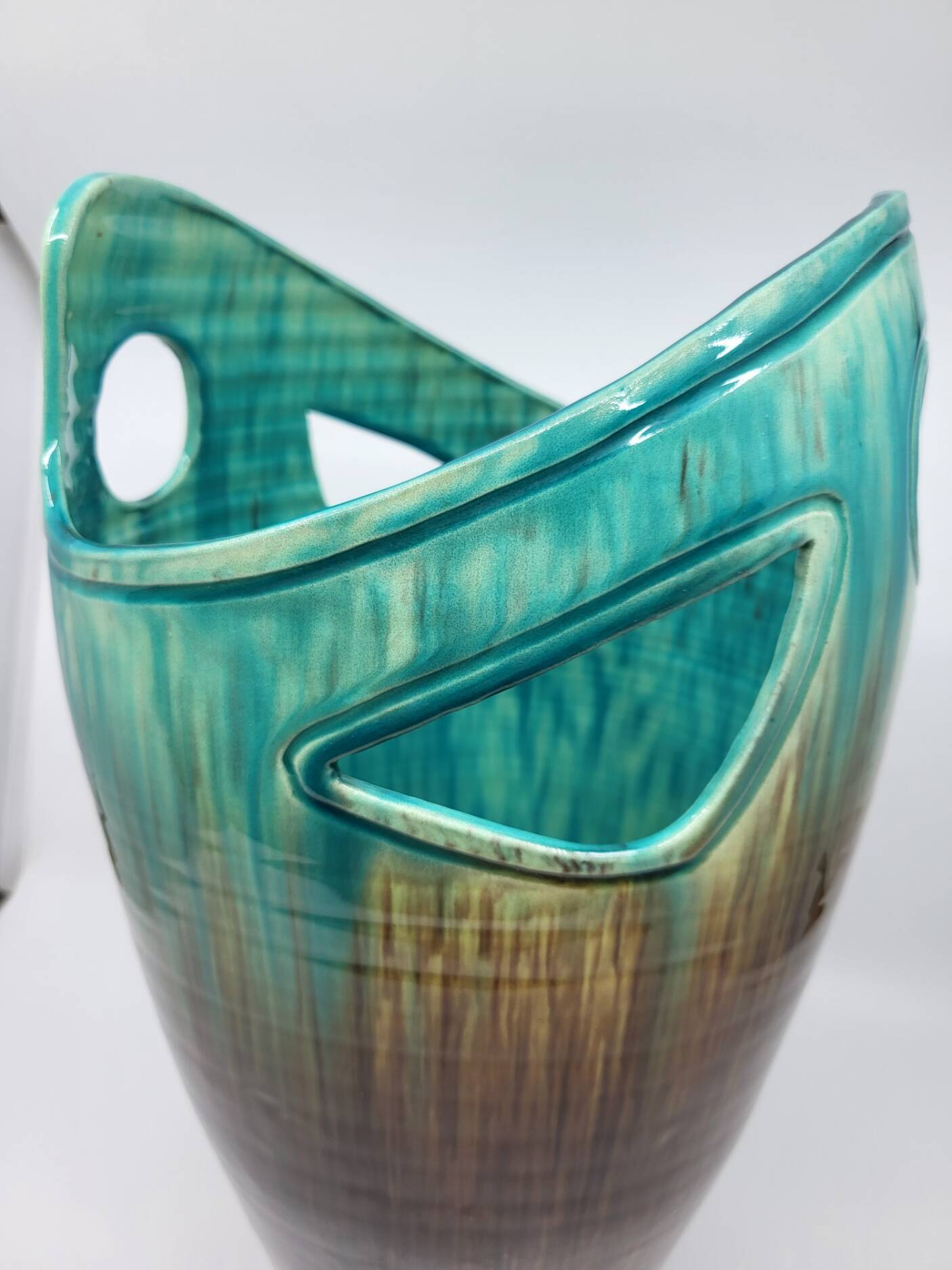 Vase Accolay signé J C en céramique Marron, Bleu France Vintage Design 1960