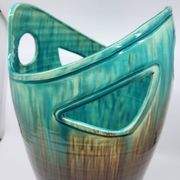 Accolay vase signed J C in brown and blue ceramic, France, vintage design 1960.