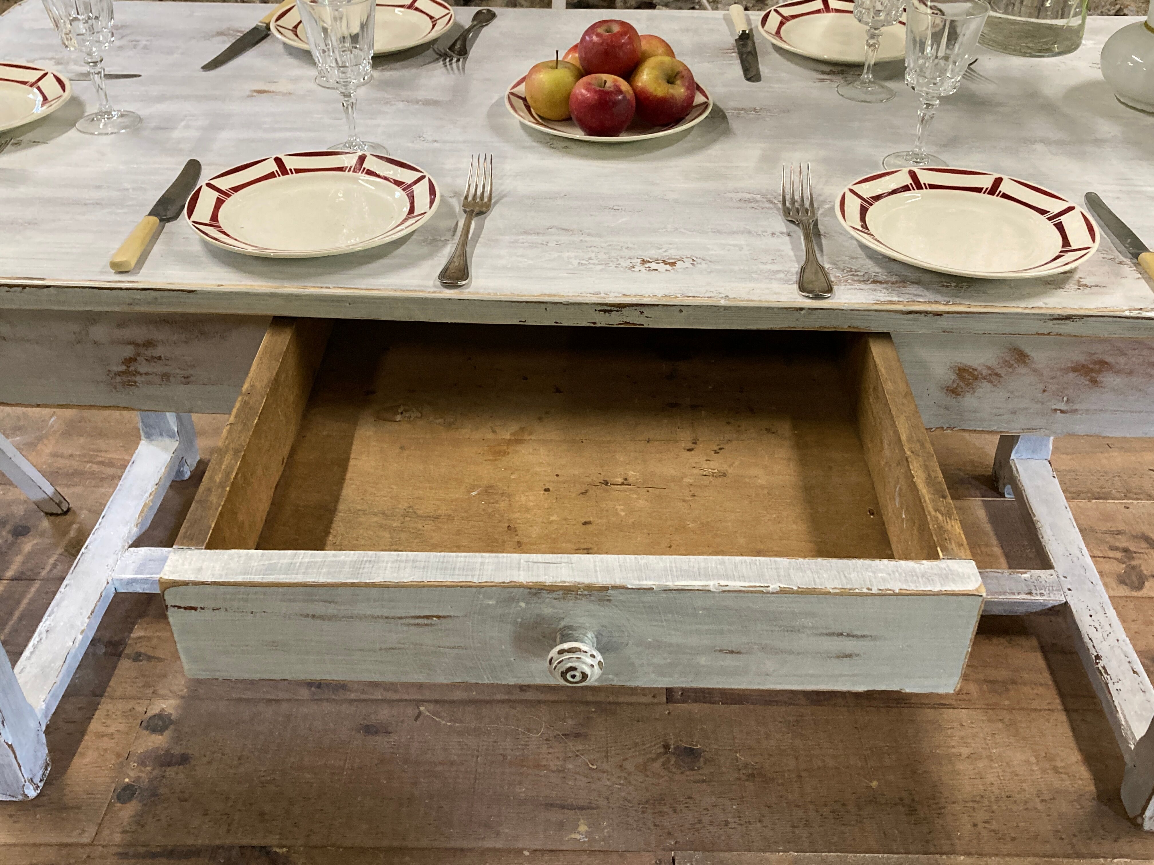Farmhouse table 6 people white patinated in rectangular solid oak