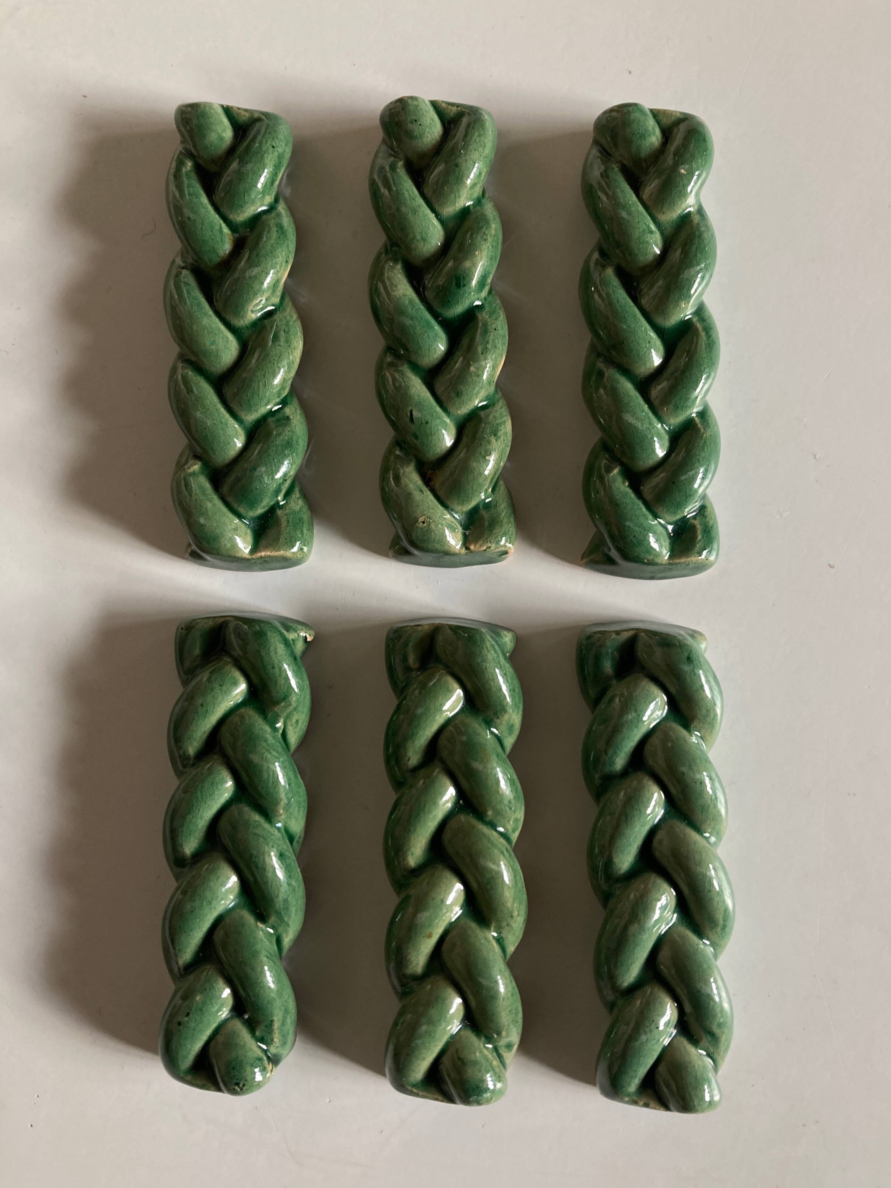 Set of 6 braided knife holders in green glazed earth