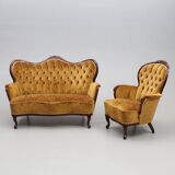Rococo-Style Sofa & Armchair — Plush Upholstery — 20th Century — Romantic S