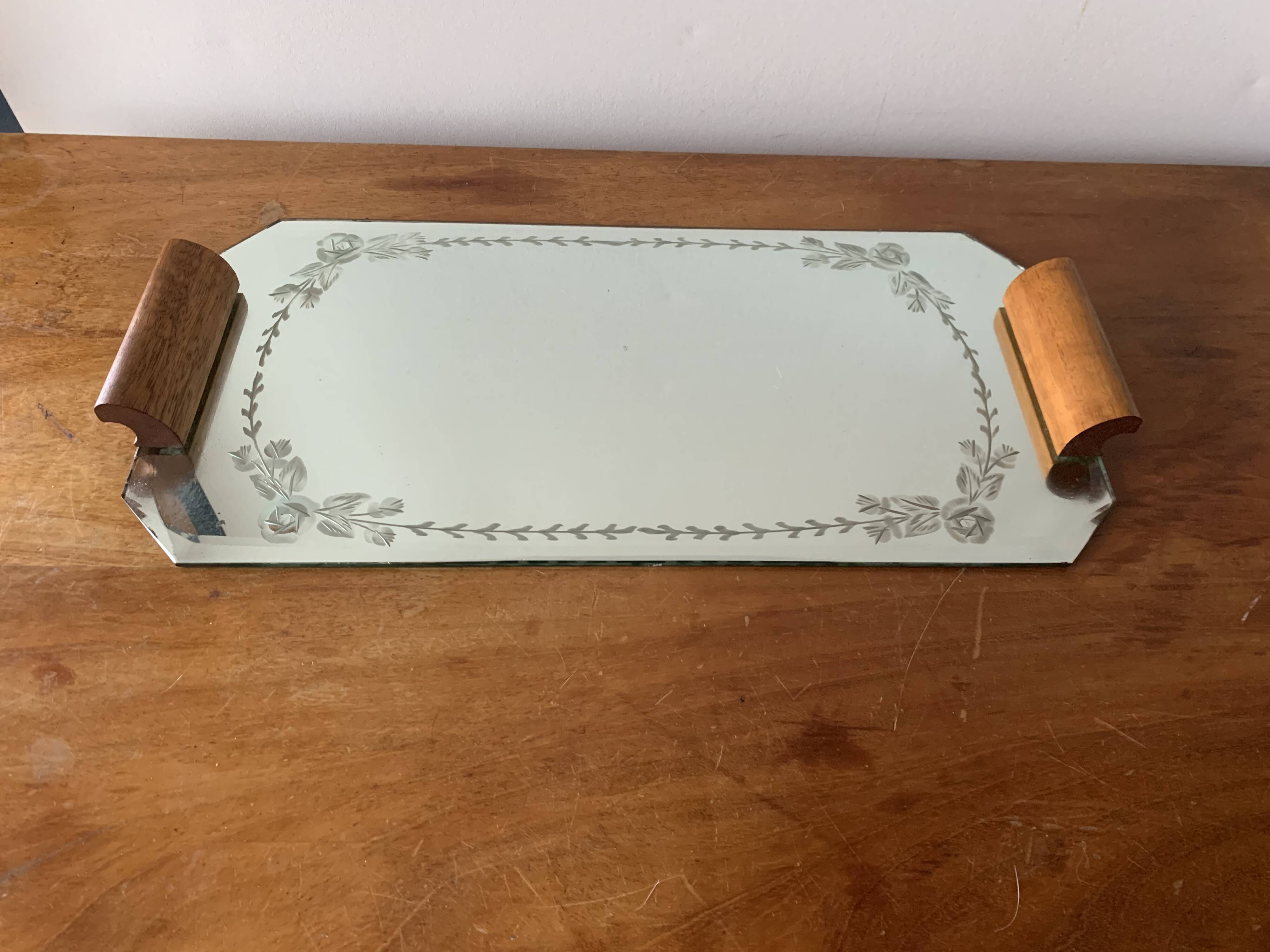 Art Deco mirrored tray with wooden handles