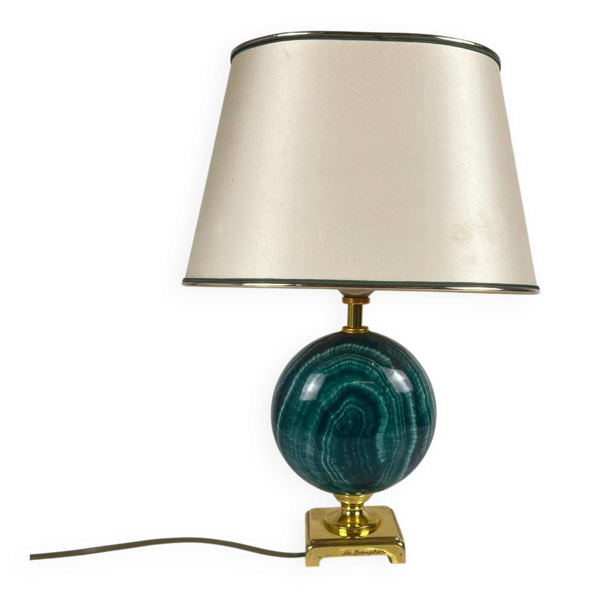 Table lamp Maison Le Dauphin in brass and green malachite imitation, 1980.