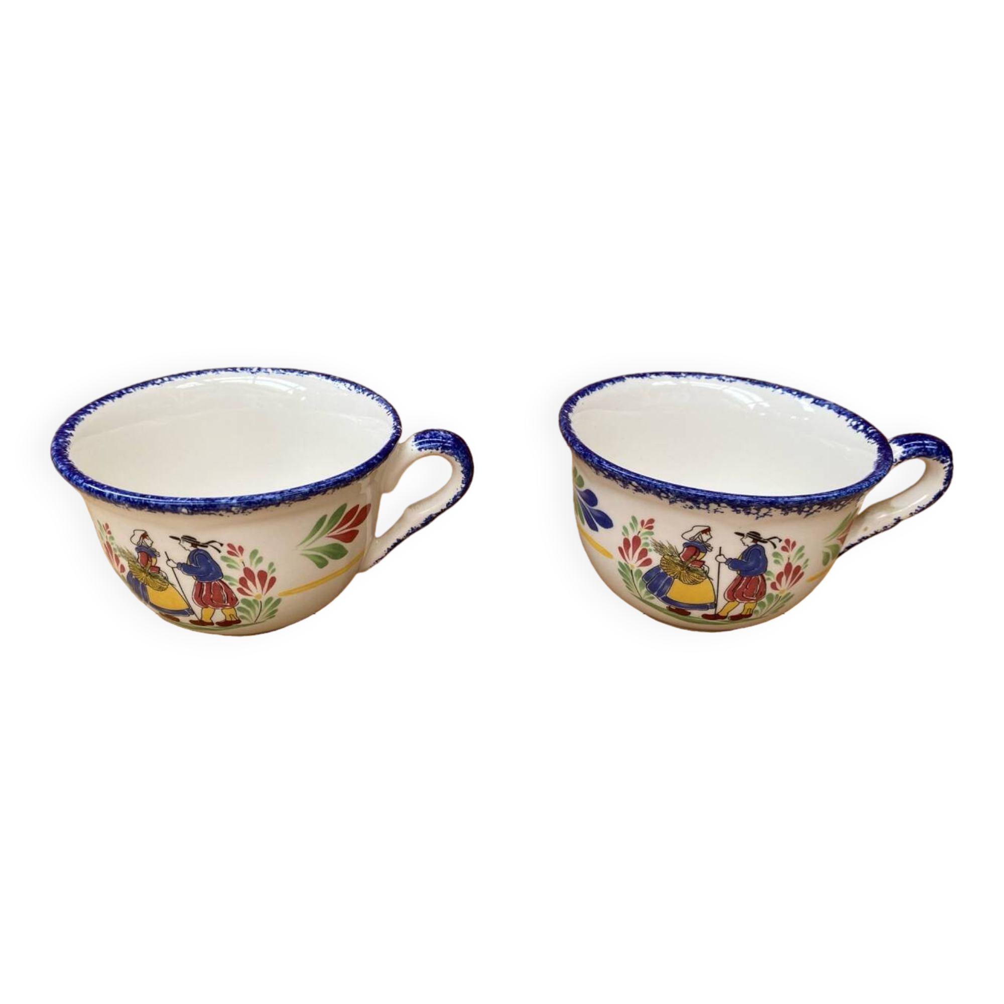 Paire ancienne tasse pornic céramique blanc bleu france vintage #b286