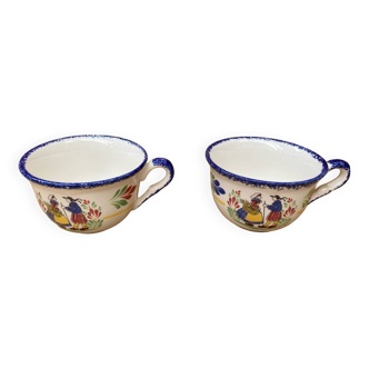 Pair antique pornic ceramic cup white blue france vintage #b286