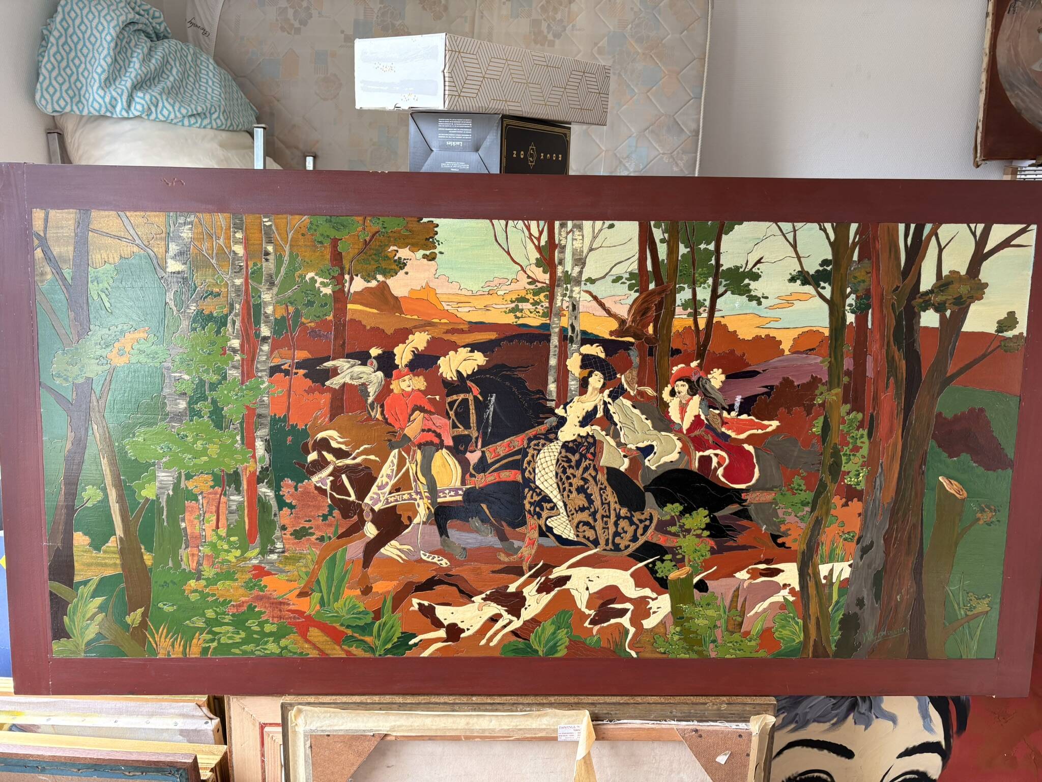 Table Painting Wood Carving Hunting Scene Dog Signed 130x70