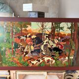 Table Painting Wood Carving Hunting Scene Dog Signed 130x70