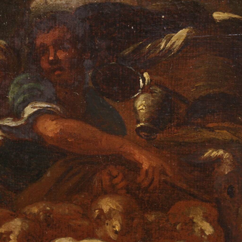 Peinture italienne antique du XVIIIe siècle, paysage avec scène pastorale