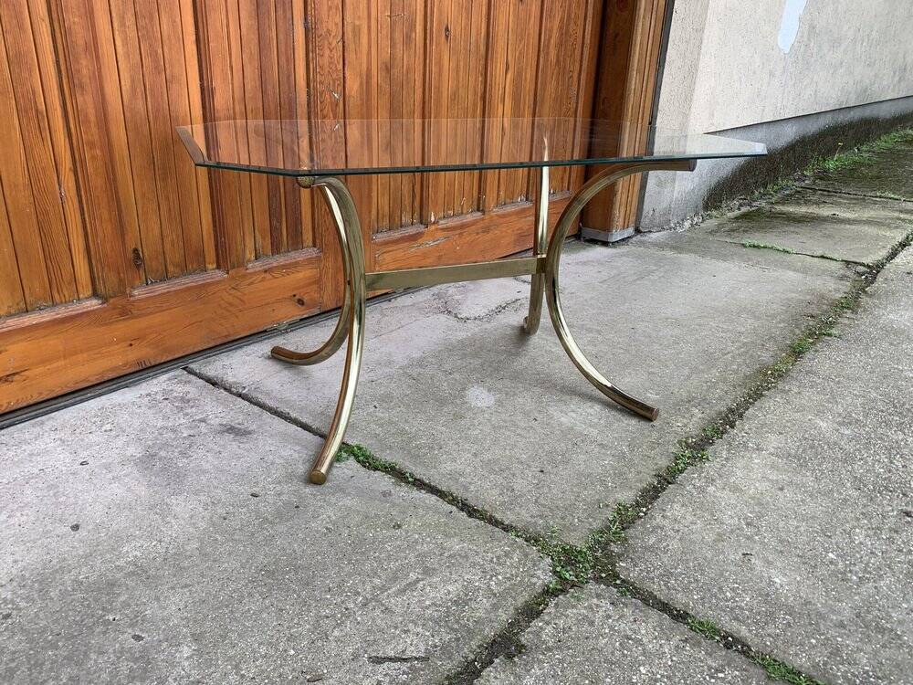 Brass and glass dining table, yellow finish, Hollywood Regency style (1970s)