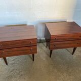 Pair of varnished bedside tables in vintage rosewood veneer 1950