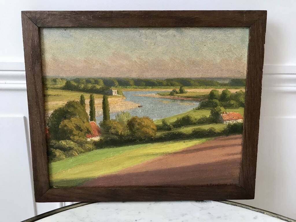 Oil painting on cardboard landscape river signed 1941