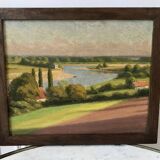 Oil painting on cardboard landscape river signed 1941