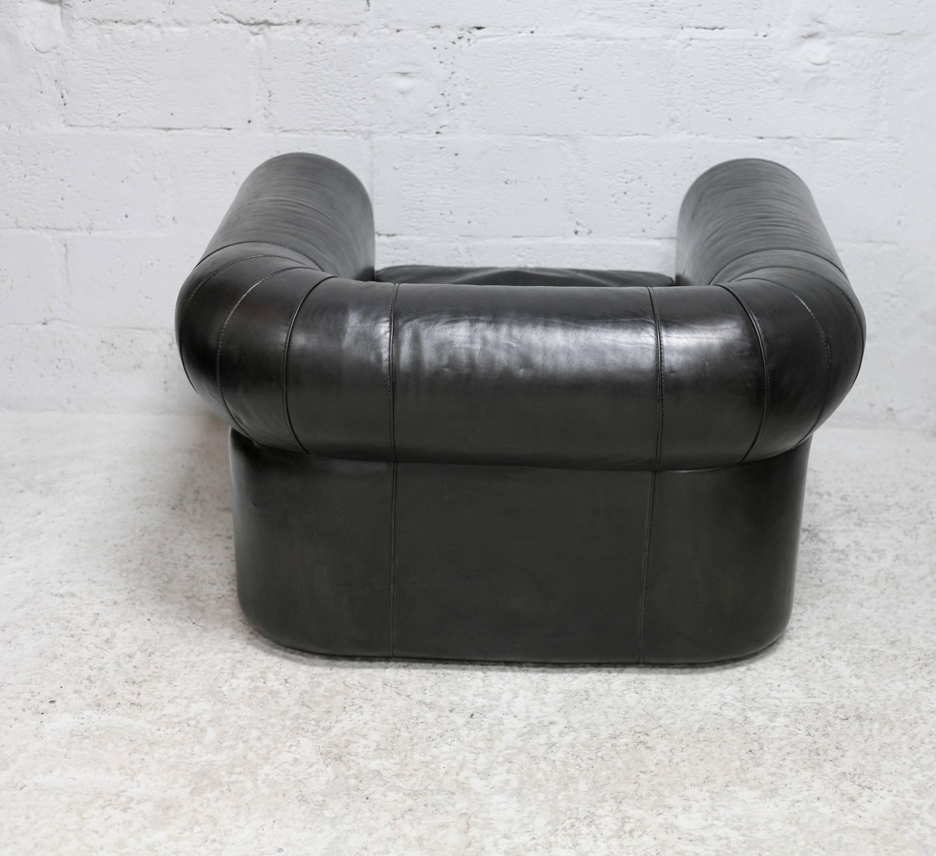 Large black leather armchair, France, 1980s