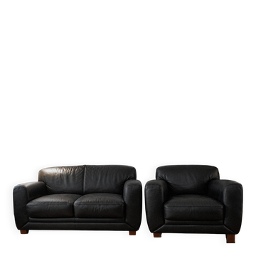 Canapé+fauteuil en cuir fleur de vachette noir, marque Steiner
