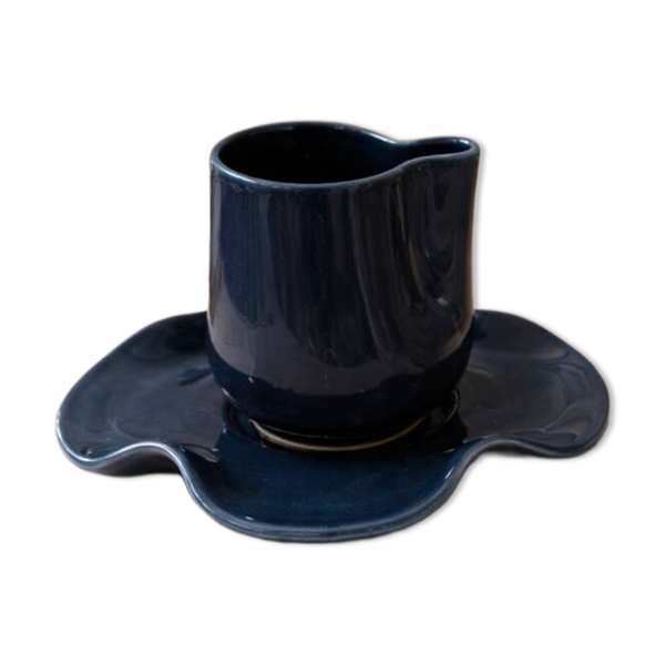 Set tasse & soucoupe ondulée céramique - bleu pétrole
