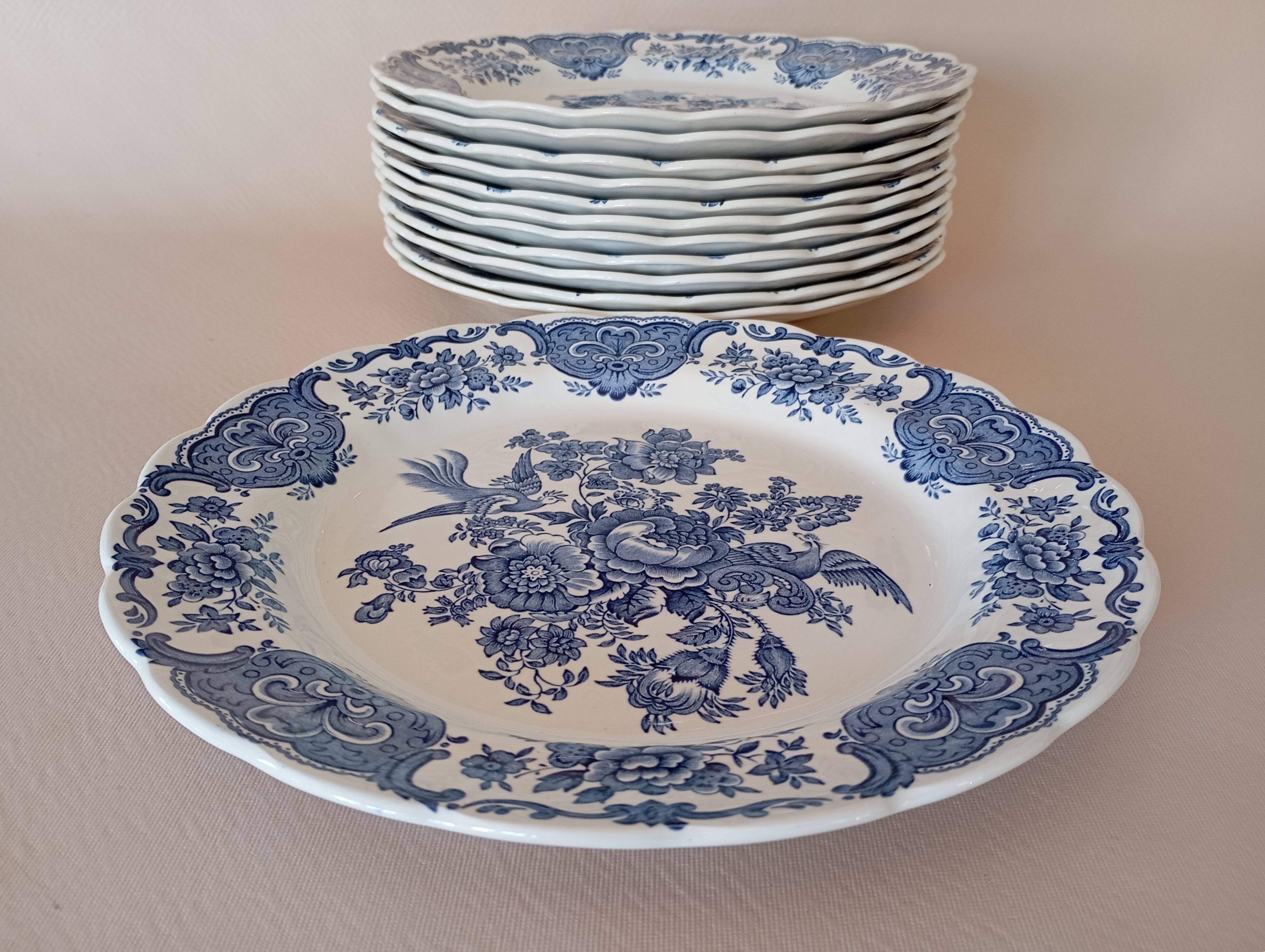 Assiettes plates anglaises Ridgway 'Windsor' bleu & blanc