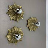 Set of Three Brutalist Bronze Sunburst Wall Lights, Italy 1950s