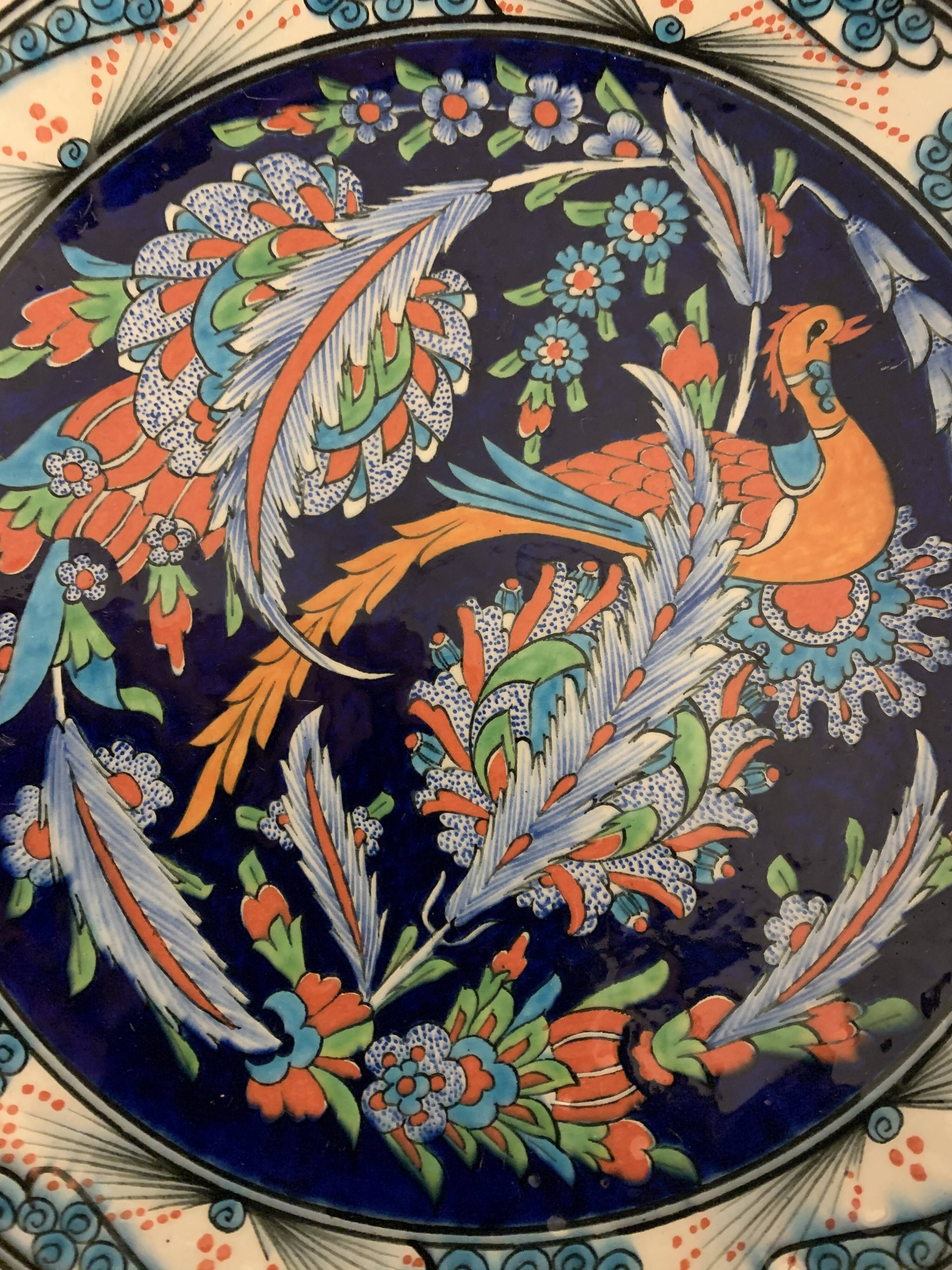 Turkish earthenware dish, coloured, handmade and signed Coskun Uzun, Kotahya, Turkey