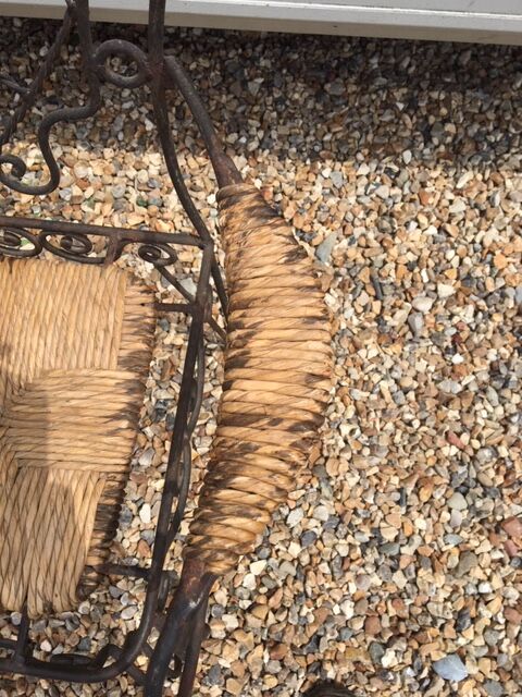 40 year old armchair pair in metal and straw