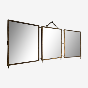 Vintage mirror 1900 barber triptych brass and wood - 29 x 70 cm