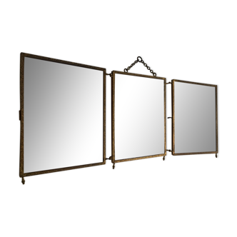 Vintage mirror 1900 barber triptych brass and wood - 29 x 70 cm