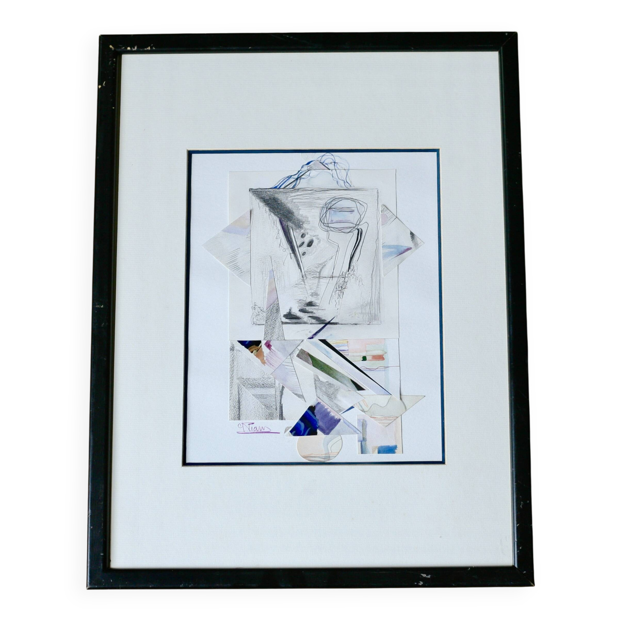 80s painting / framed drawn paper collages