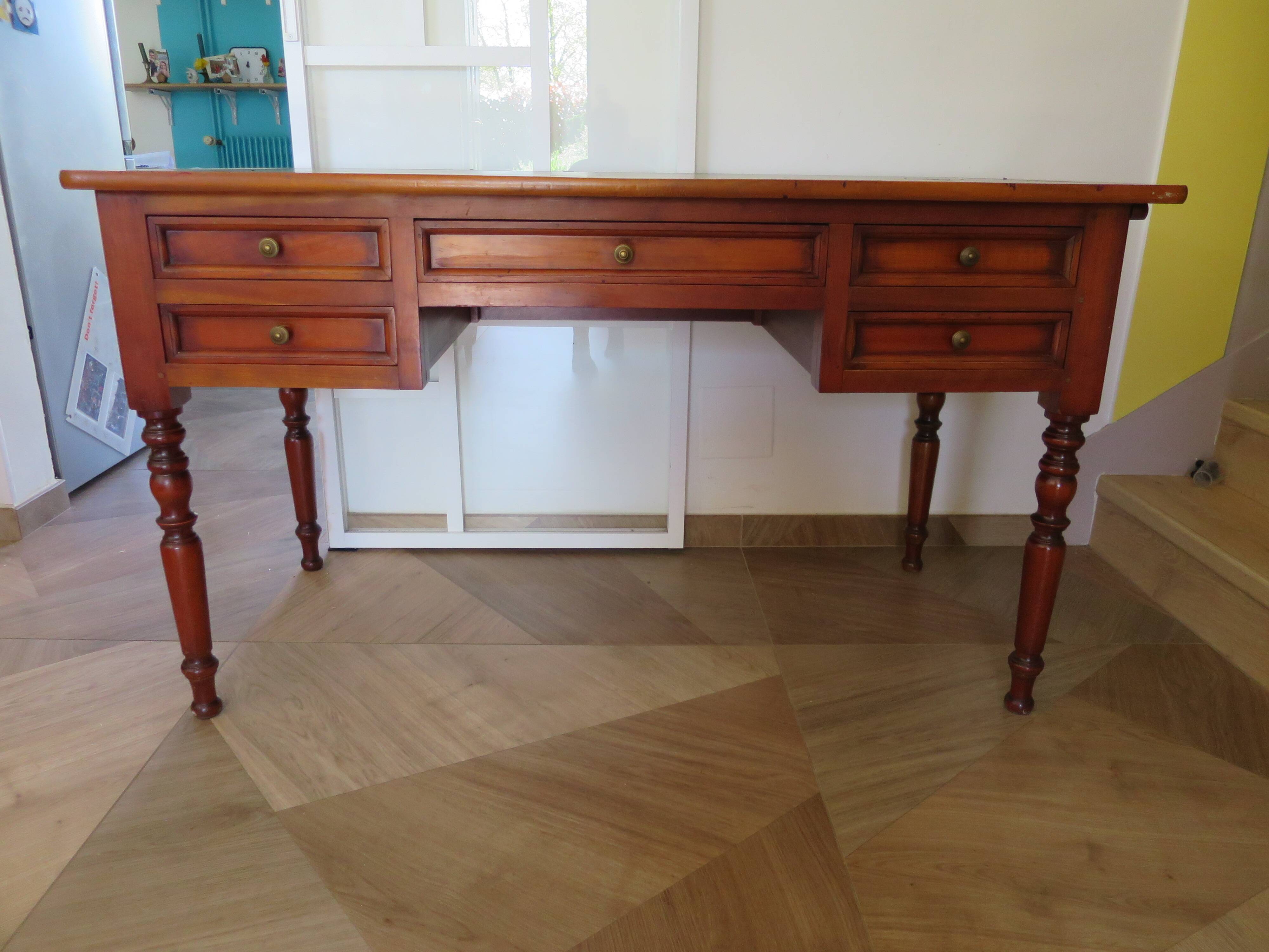 Minister's desk - 5 drawers - large top - cherry wood - Louis Philippe style