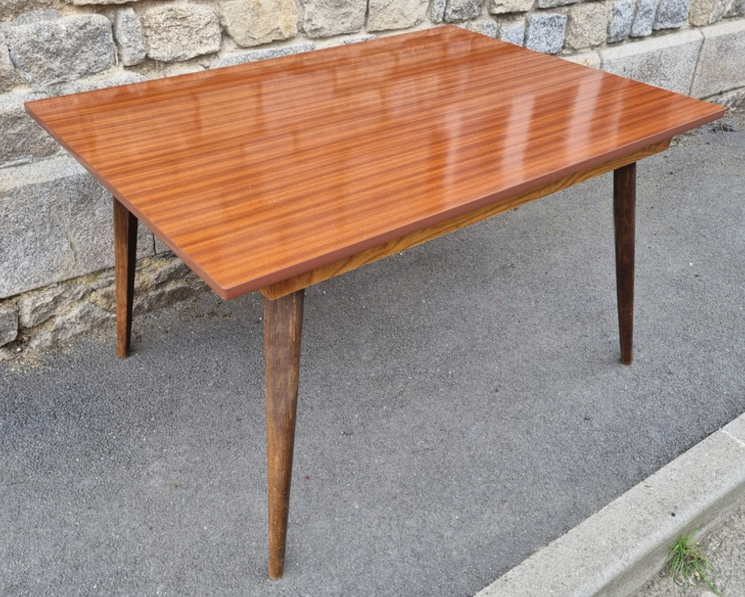 Dining room table, formica, wooden compass legs, 50s