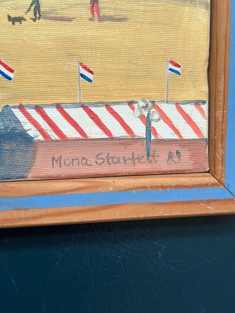Original Swedish Oil on Canvas – "Day at the Beach" by Mona Starfelt – Signed – Dated 1989 – Framed