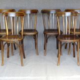 6 fischel n°409 bistro chairs, circa 1935, wooden seat, no thonet.